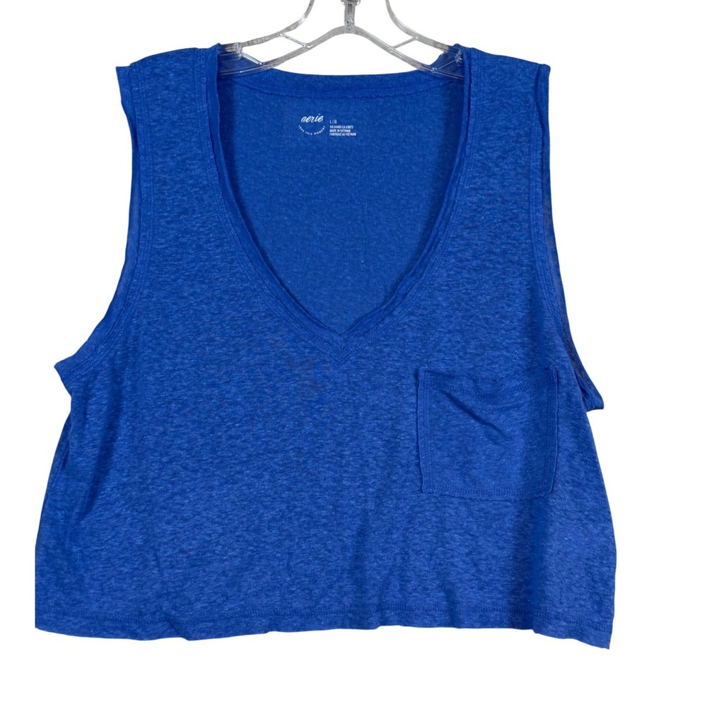 NWT Aerie Womens Blue Linen Blend V-Neck Crop Tank Top Pocket Sz. L Summer Beach